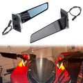 Adjustable motorcycle wing mirrors with blue tinted glass, black housings, and wiring harness