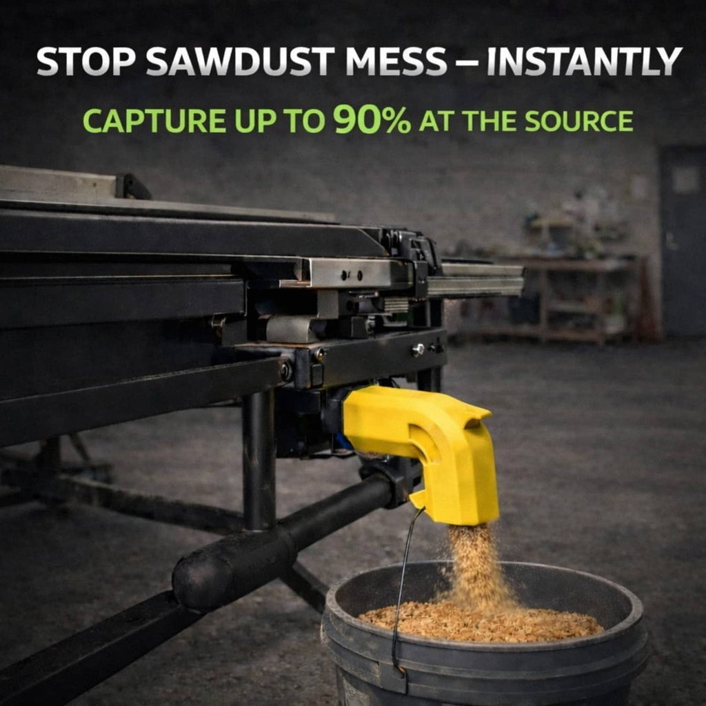 Yellow dual-port dust adapter on table saw, hose directing sawdust into bin