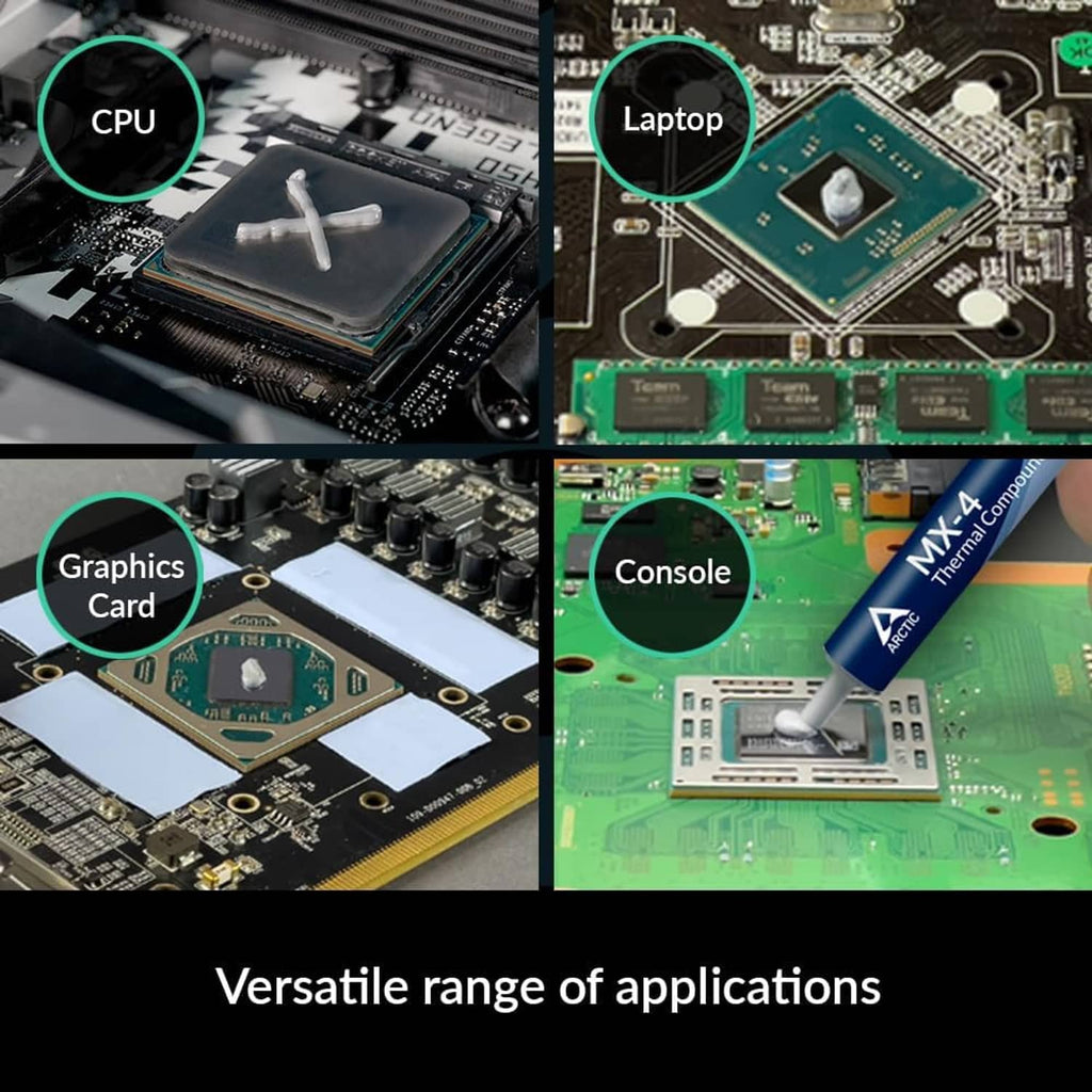 Thermal paste application examples on CPU, laptop board, graphics card, and console