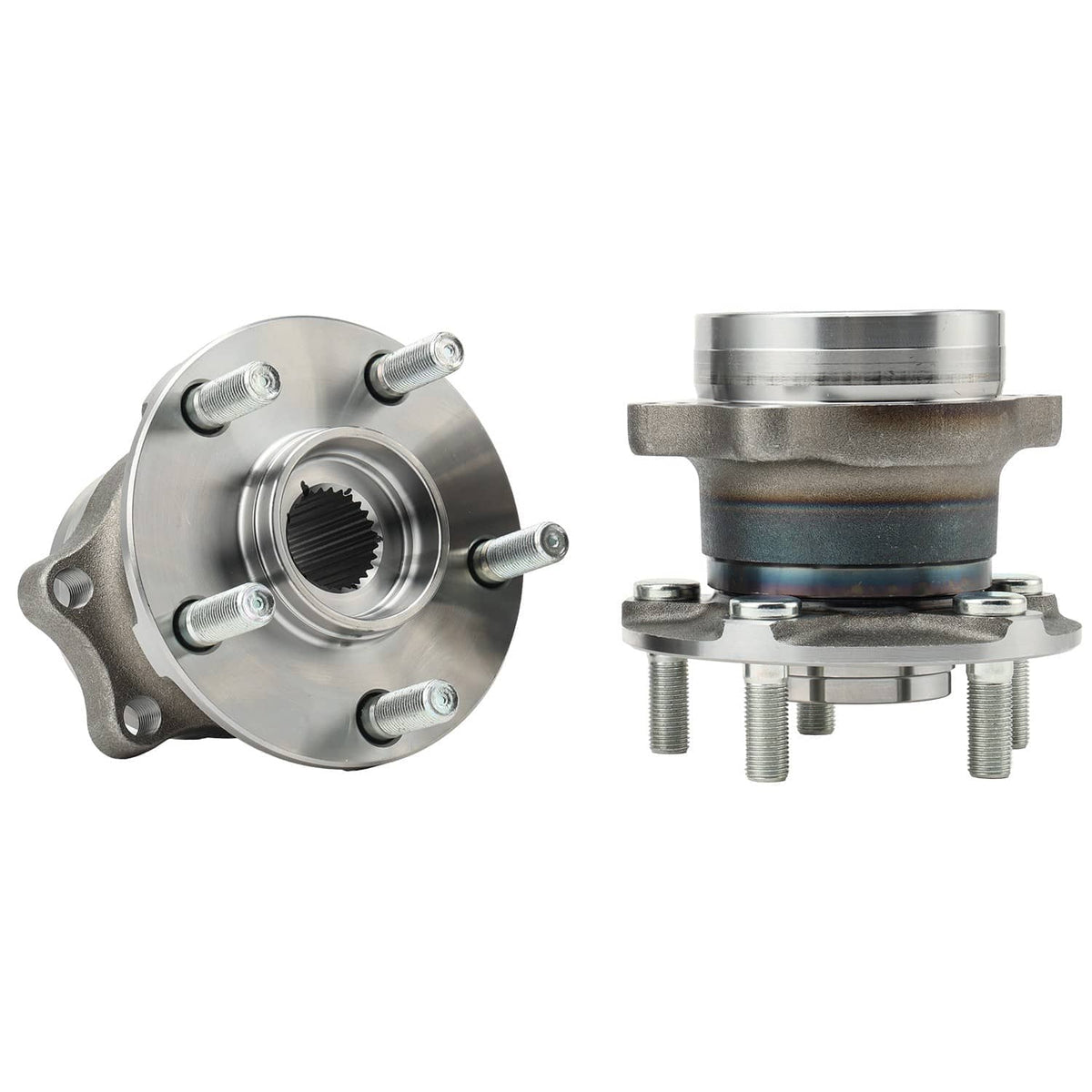 Two rear wheel hub bearings side-by-side, silver steel housings and axle openings