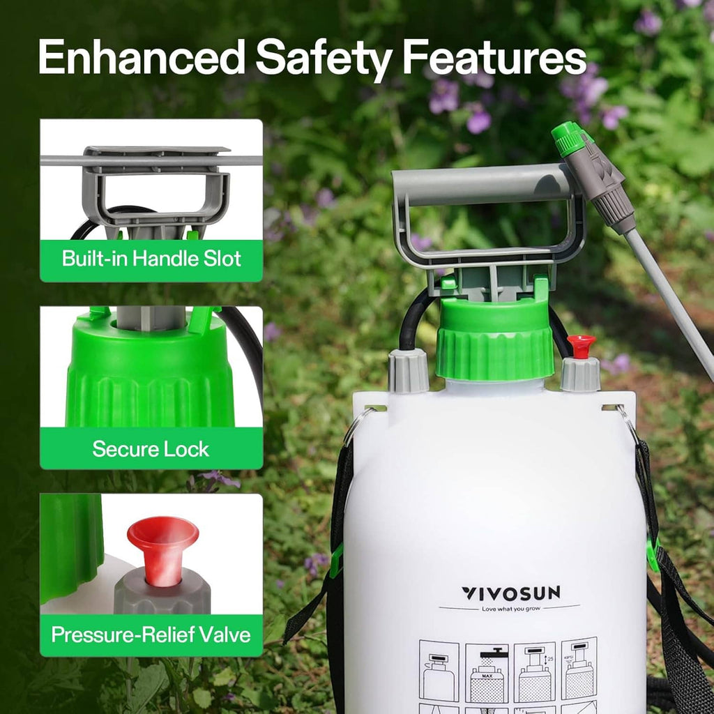 Pump sprayer with built-in handle slot, secure lock, and pressure-relief valve