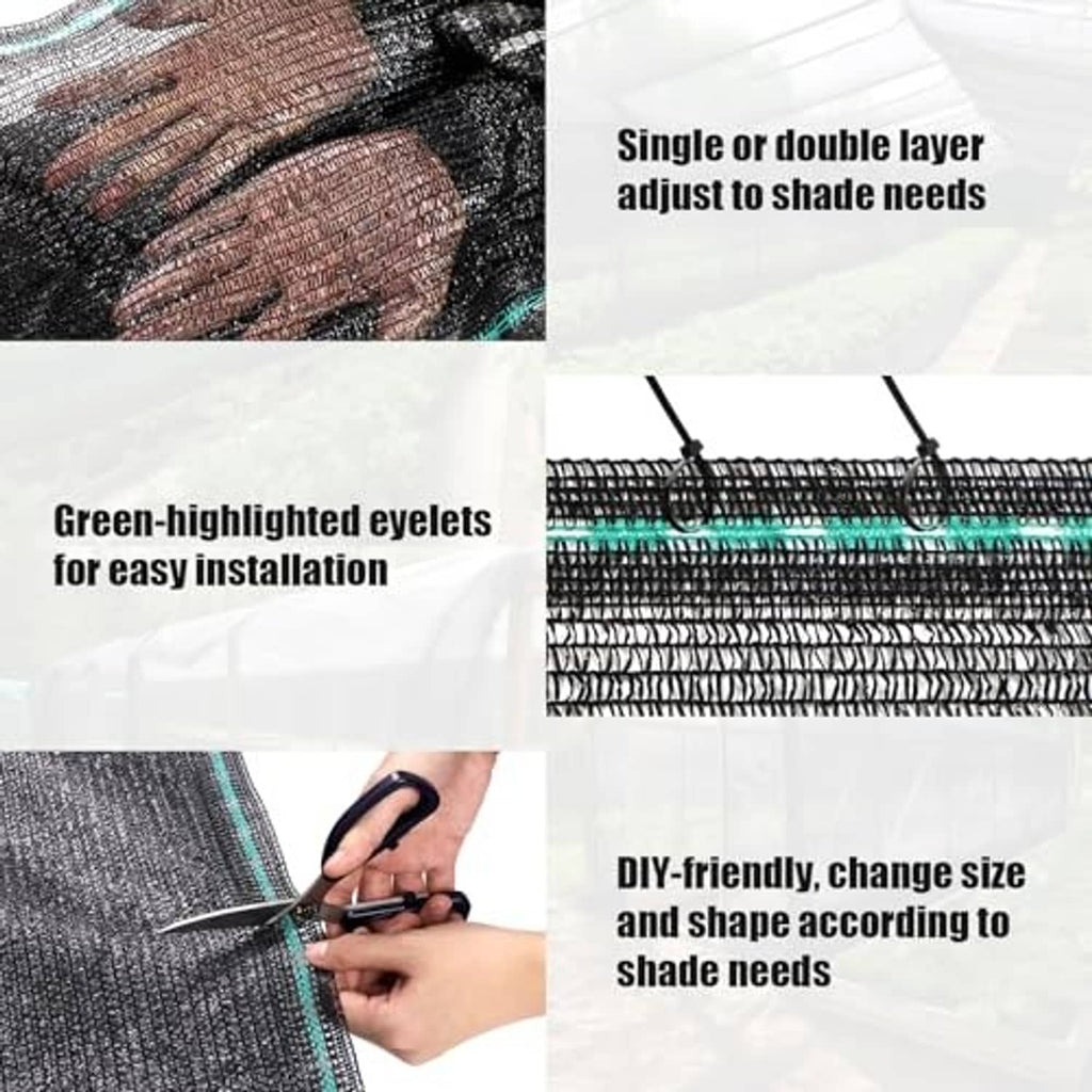 Layered black shade cloth texture with green eyelets for installation