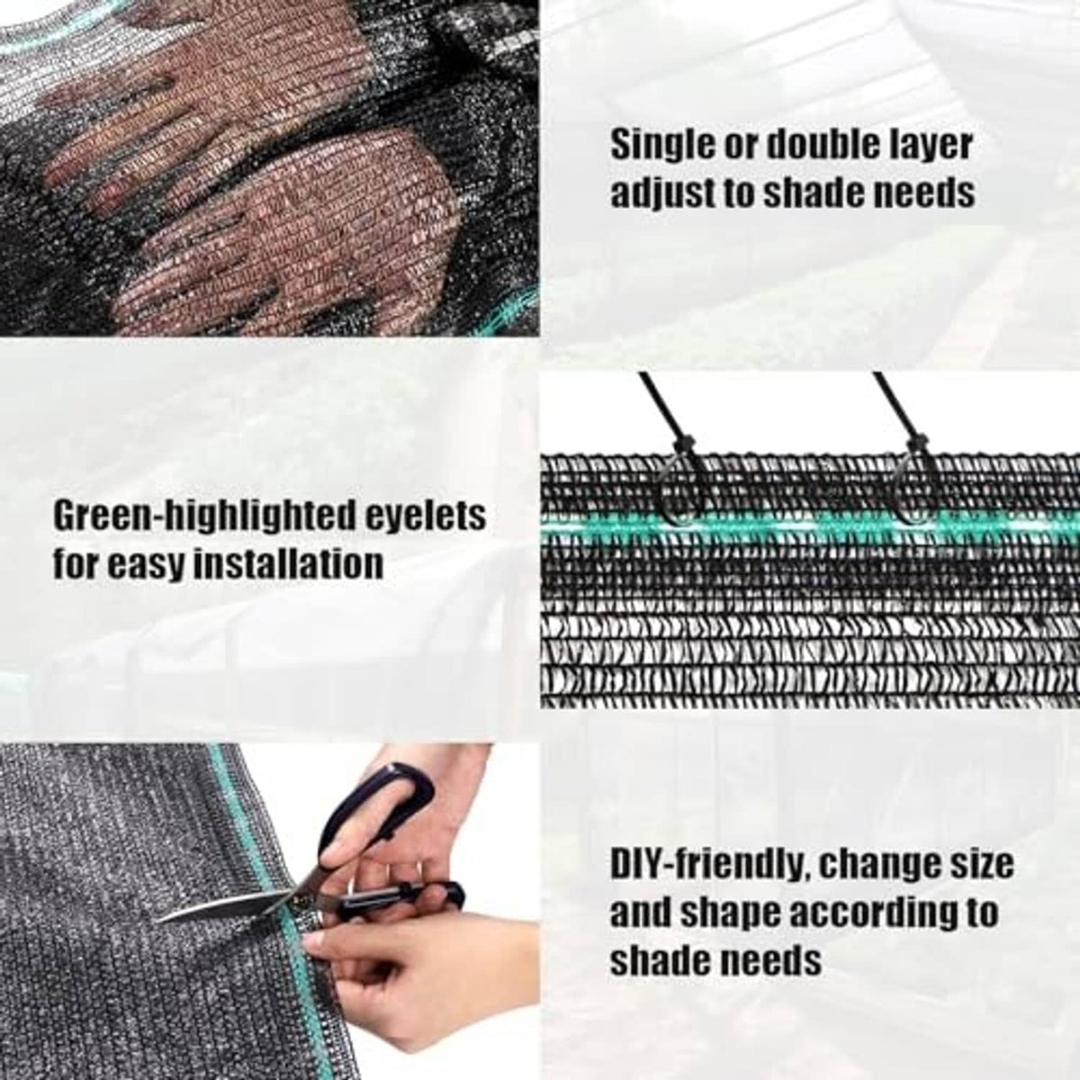 Layered black shade cloth texture with green eyelets for installation