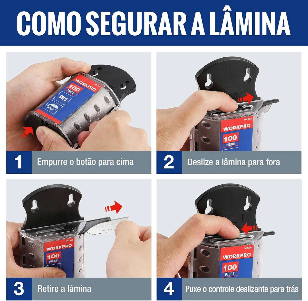 Utility knife blade dispenser with 100 SK5 blades and secure-latch slider