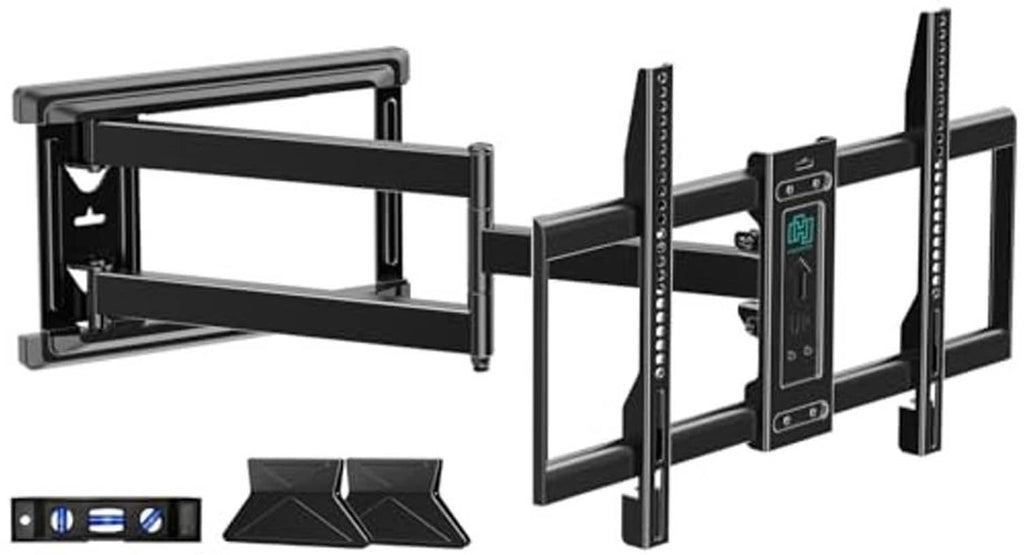 Black long-arm corner TV wall mount with sliding brackets and mounting plate