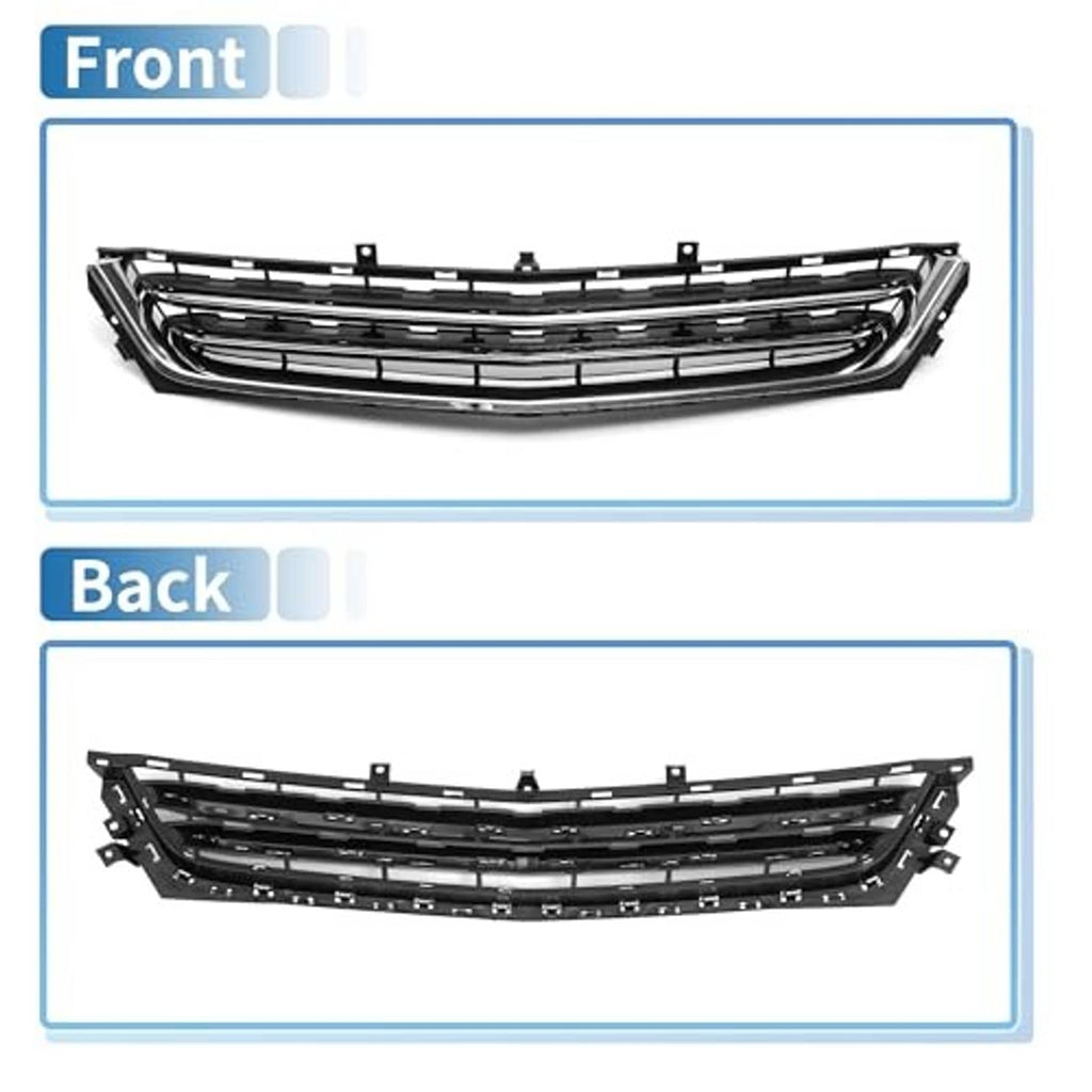 Front and back views of black chrome grille assembly with horizontal bars