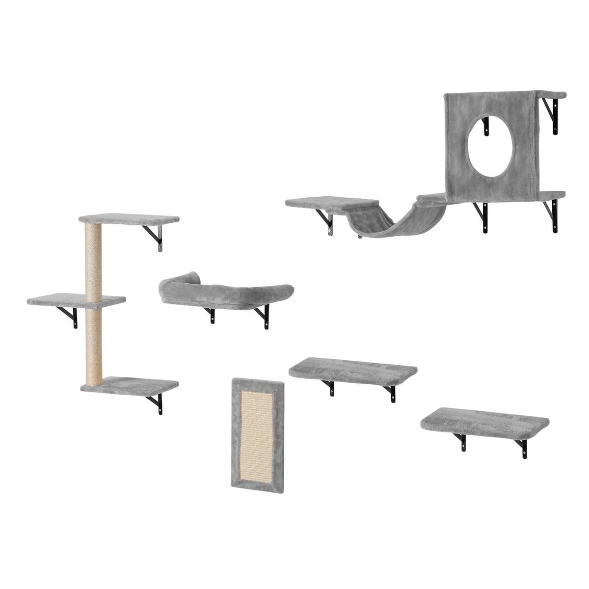 Wall-mounted cat shelf set with gray perches, hammock ramp, and scratching column