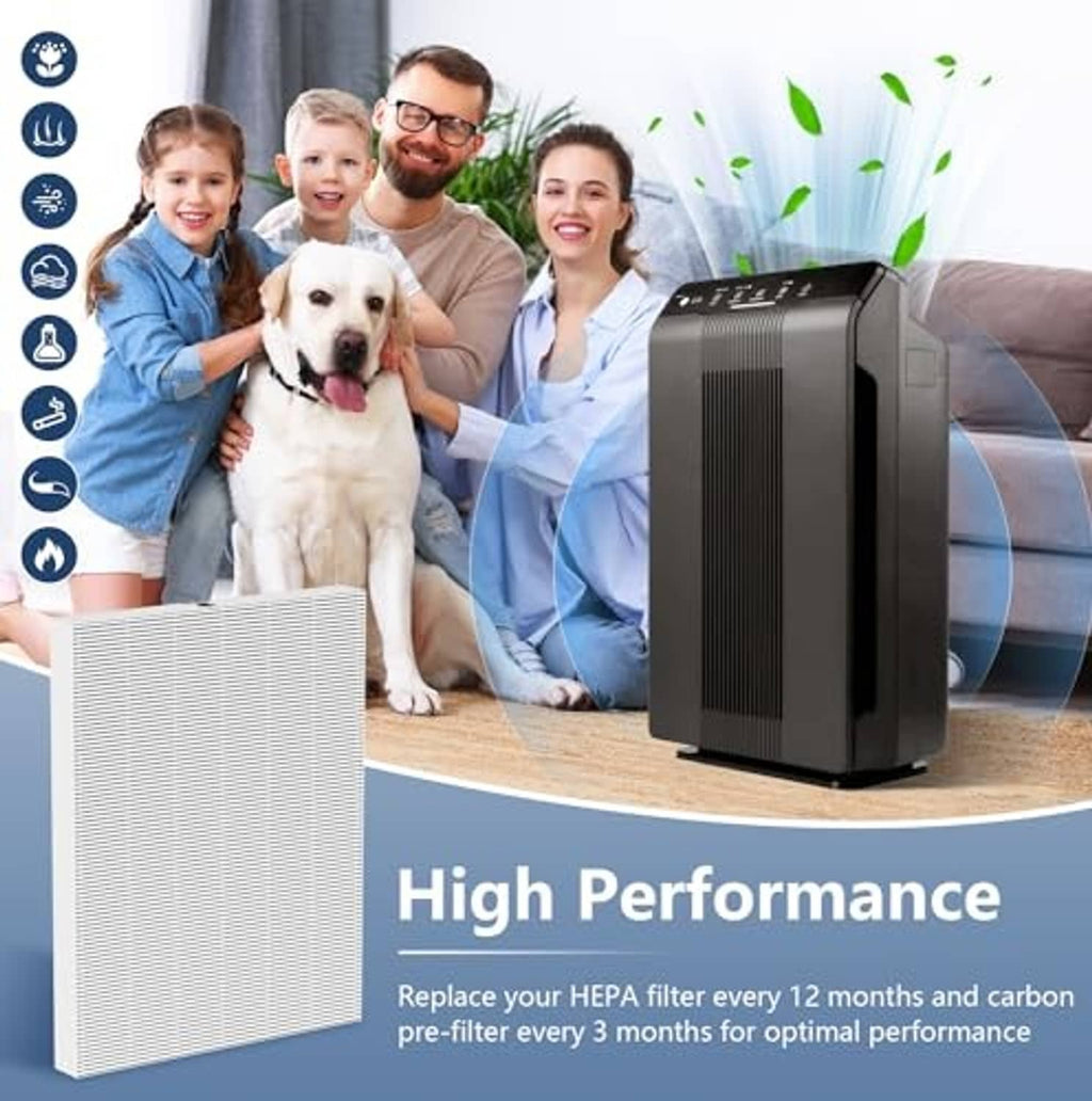 White pleated replacement filter panel next to a compact air purifier for high performance