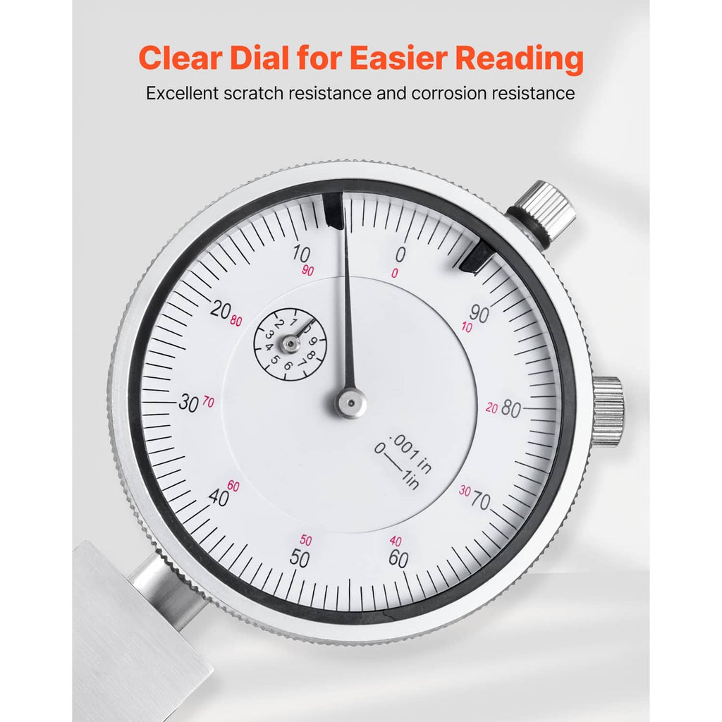 Dial depth gauge micrometer close-up with clear white scale and black outer ring