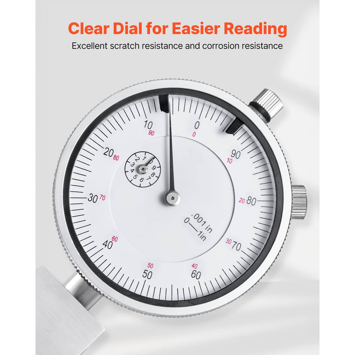 Dial depth gauge micrometer close-up with clear white scale and black outer ring