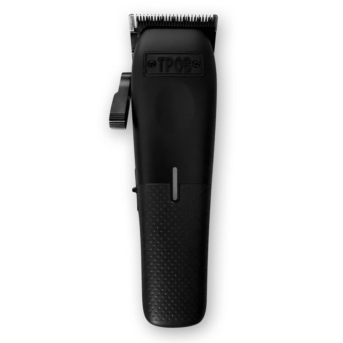Black professional mini hair clipper with fixed guide comb and textured grip handle