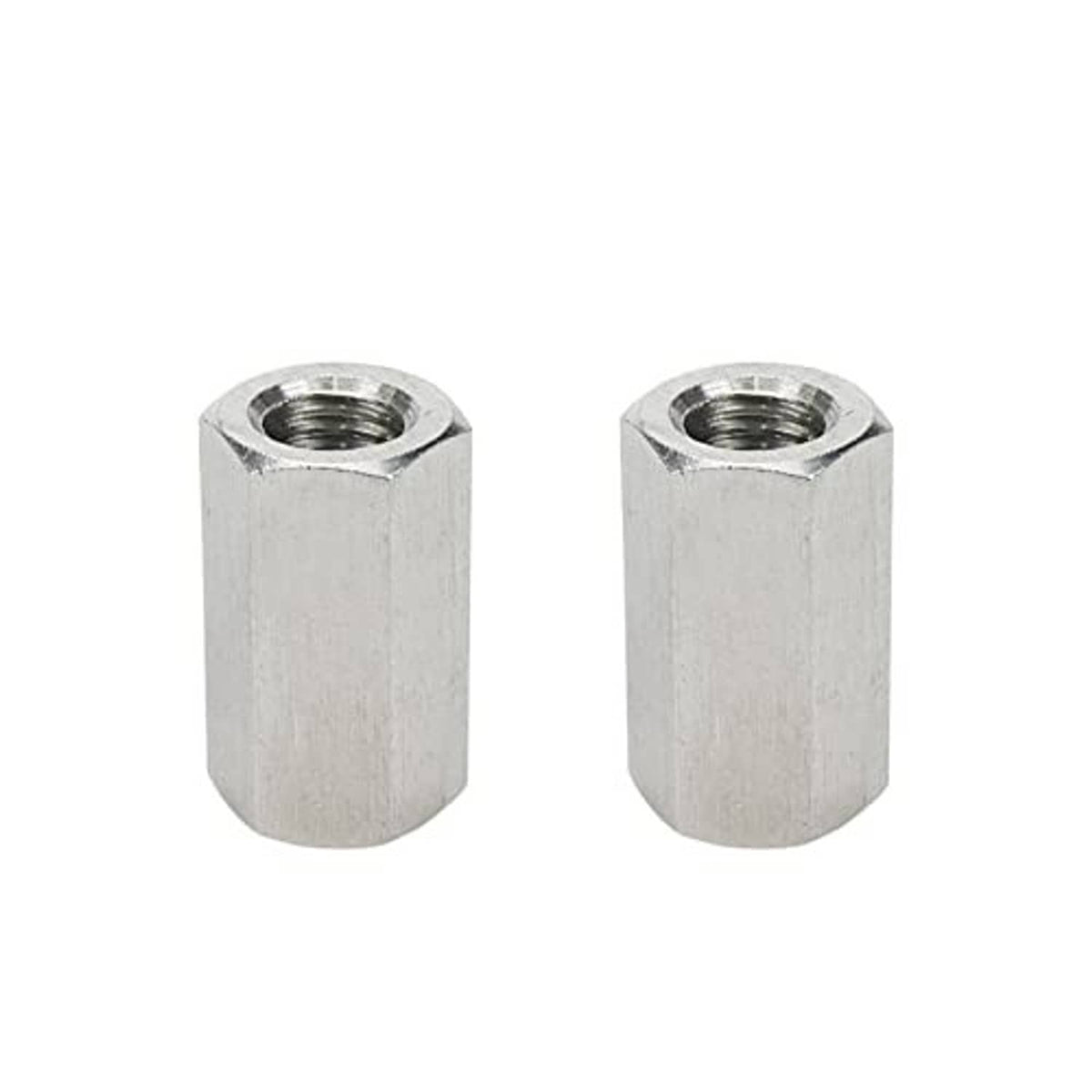 Pair of stainless steel hex coupling nuts with internal female threads