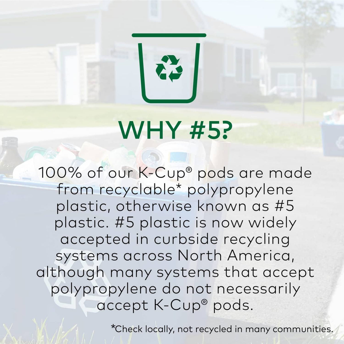 Coffee pod recycling fact panel with recycle symbol and “Why #5” text