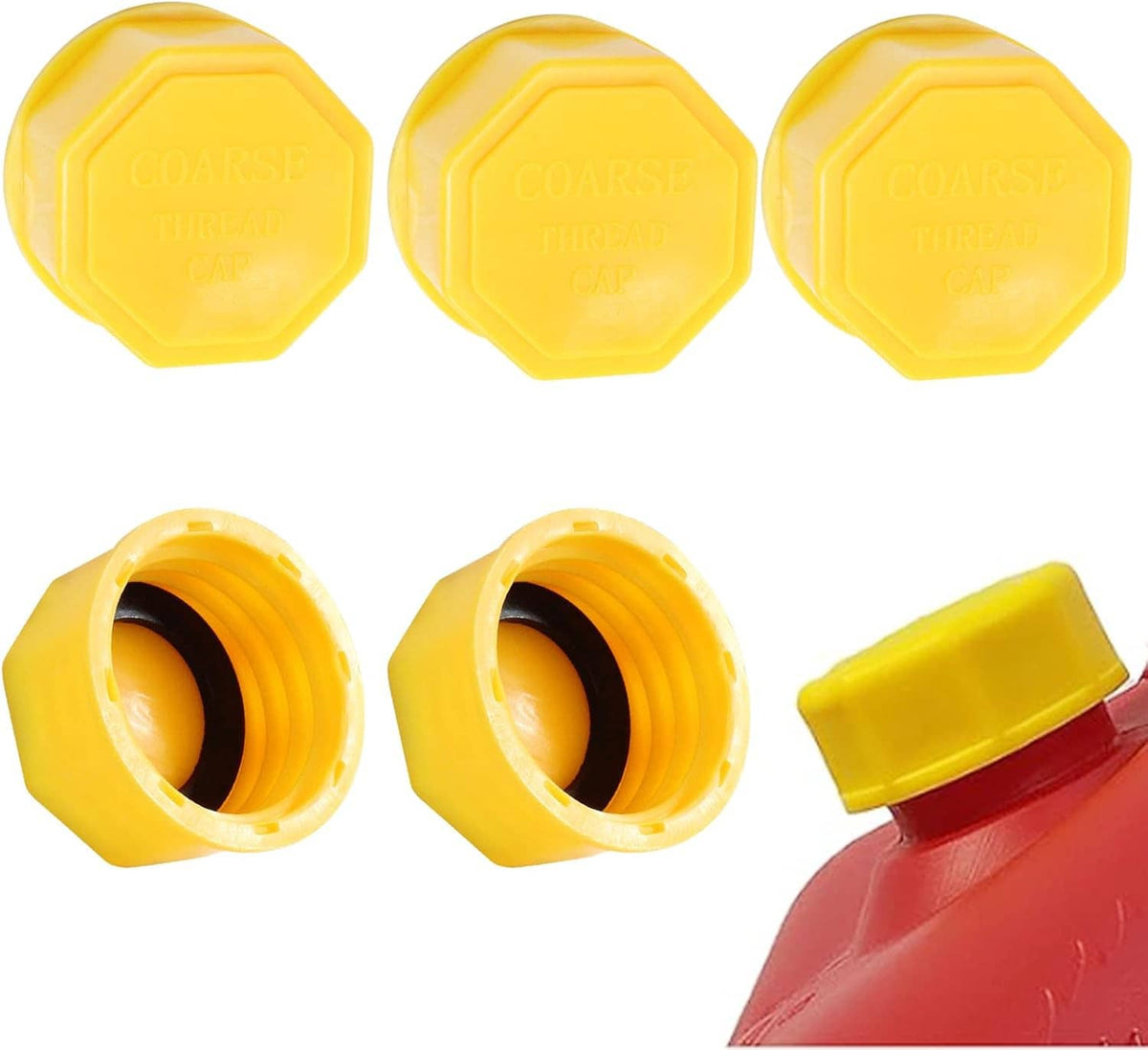 Yellow plastic gas can caps with coarse-thread tops and open threaded openings