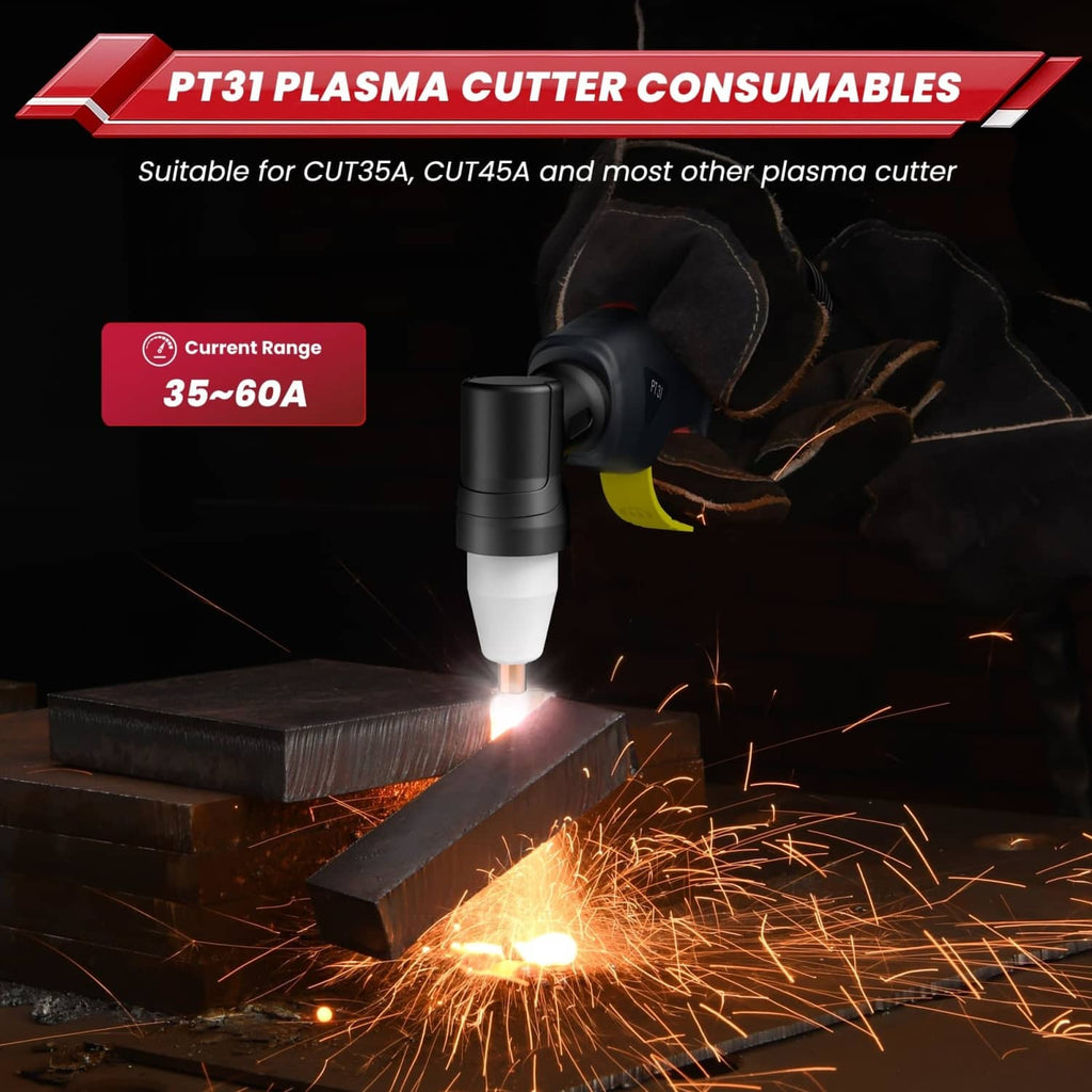 Plasma cutting torch with glowing arc at copper electrode tip, using consumables