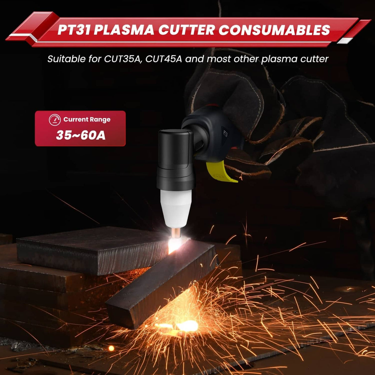 Plasma cutting torch with glowing arc at copper electrode tip, using consumables