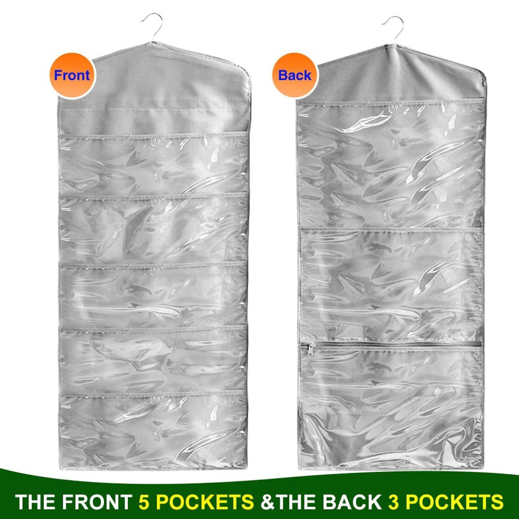 Gray hanging organizer showing front and back sides with clear storage pockets.