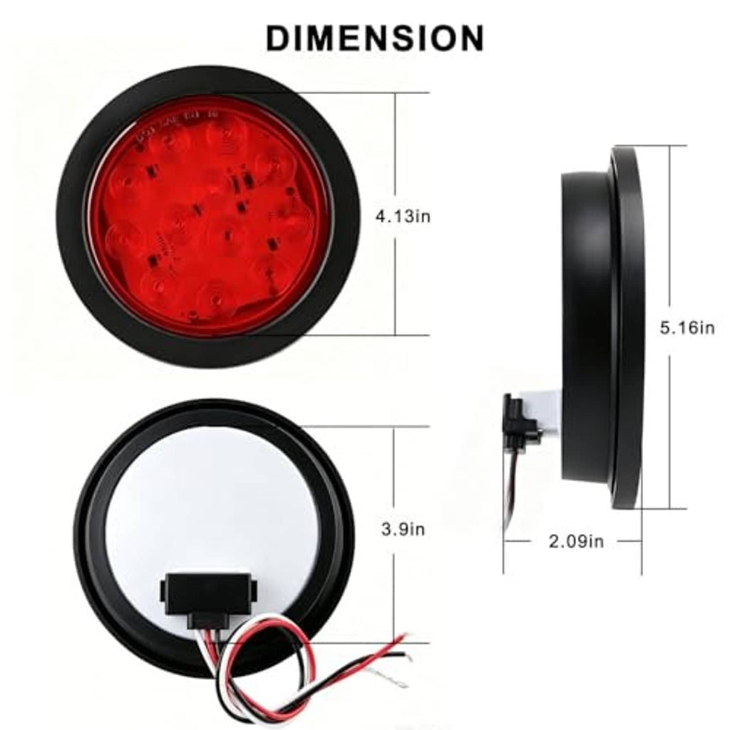 Round red LED trailer tail light, front and side views with black housing and wires