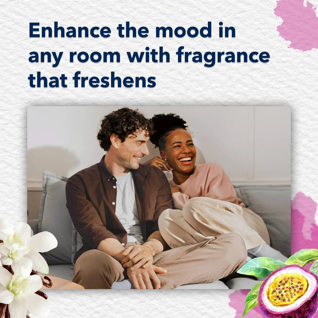 Glade PlugIns vanilla fragrance concept with two people relaxing on a sofa