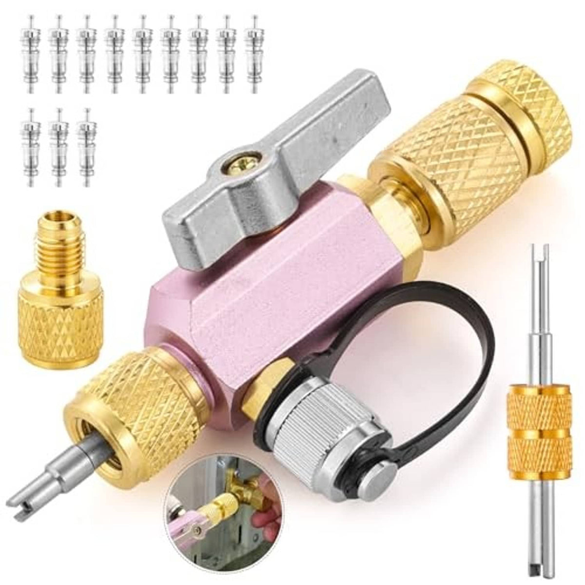 Dual-head valve core removal tool with gold brass knurled handles and pink body on white