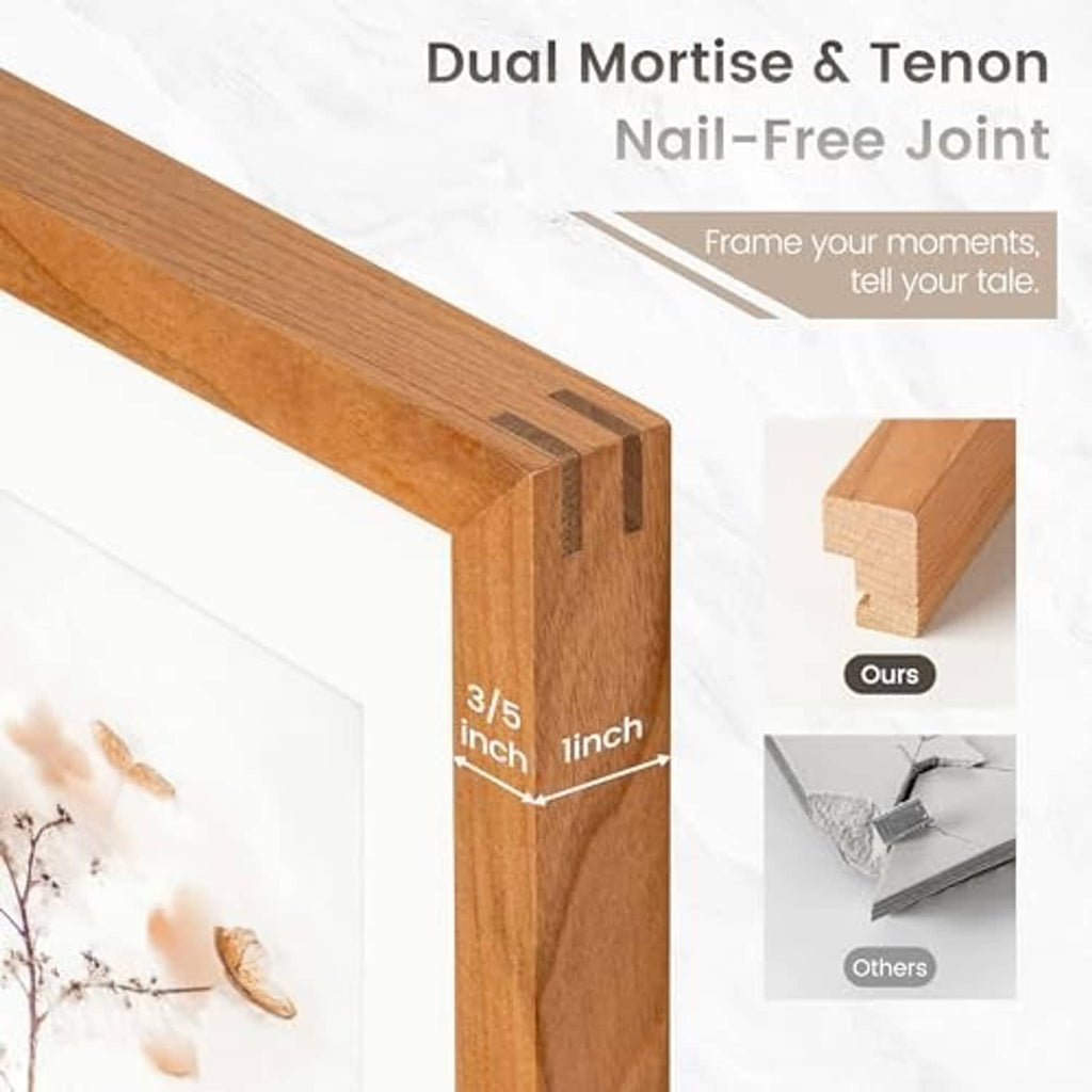 Natural cherry wood frame corner with dual mortise and tenon joint detail