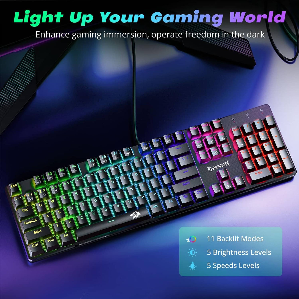 Mechanical gaming keyboard with RGB backlighting and multicolor keys under low light.
