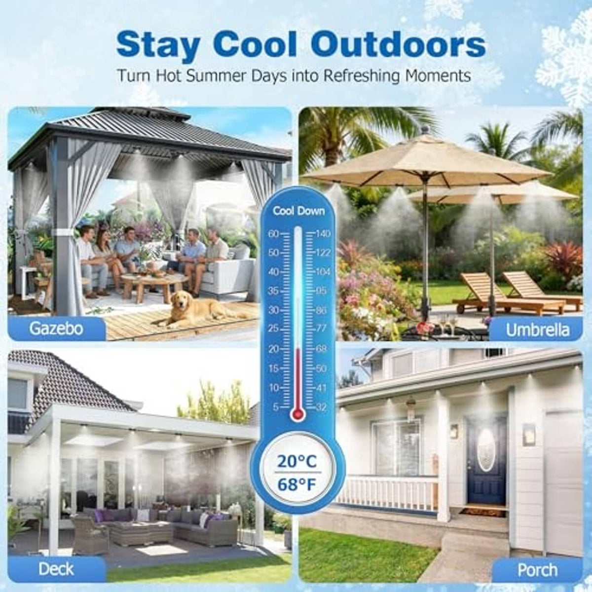 Outdoor misting cooling system spraying fine mist under a patio roof