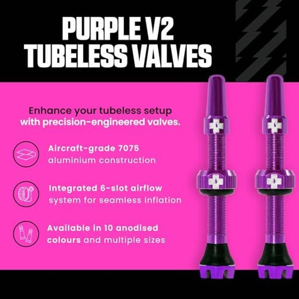 Two purple Presta tubeless valves with black bases and a purple valve cap