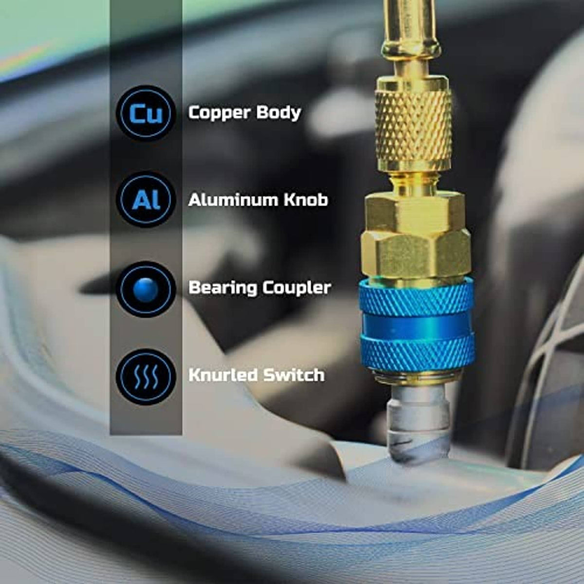Brass and aluminum coupler with knurled switch and copper body attachment