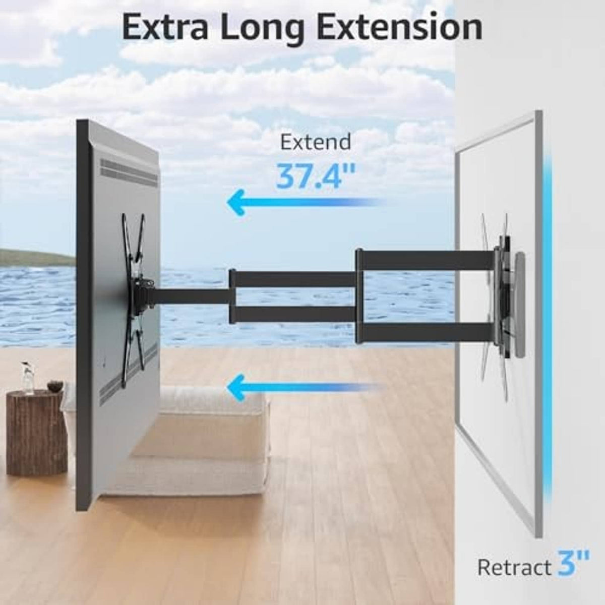 Long-arm TV wall mount extended between wall bracket positions