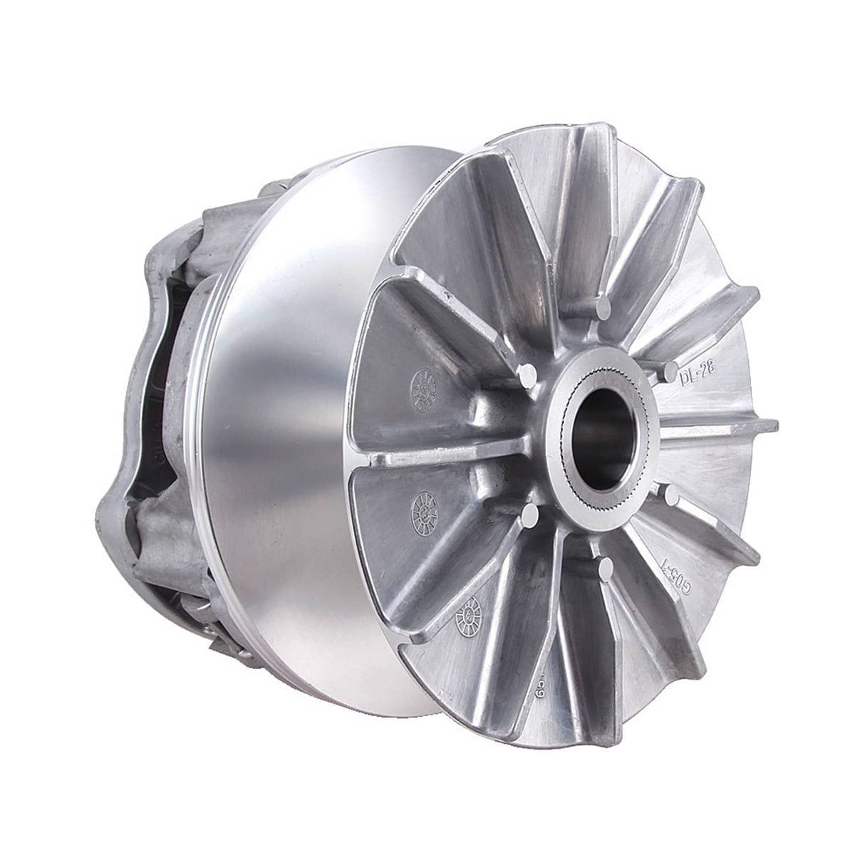 Metallic drive clutch assembly with circular plate and fins, central mounting hole