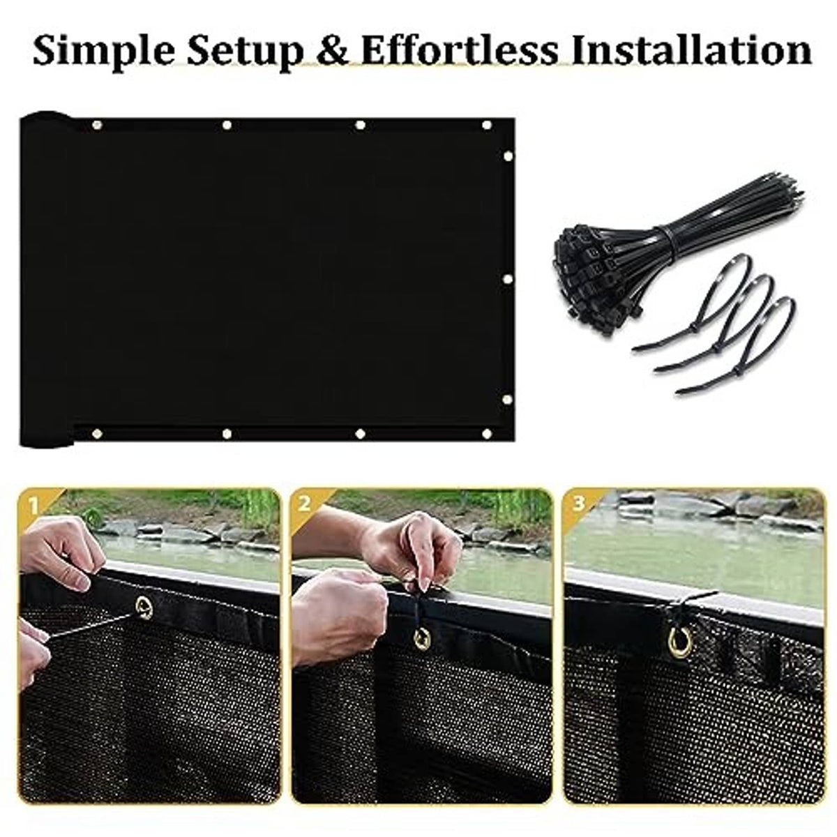 Black fence privacy screen panel with grommets plus included installation tie set.