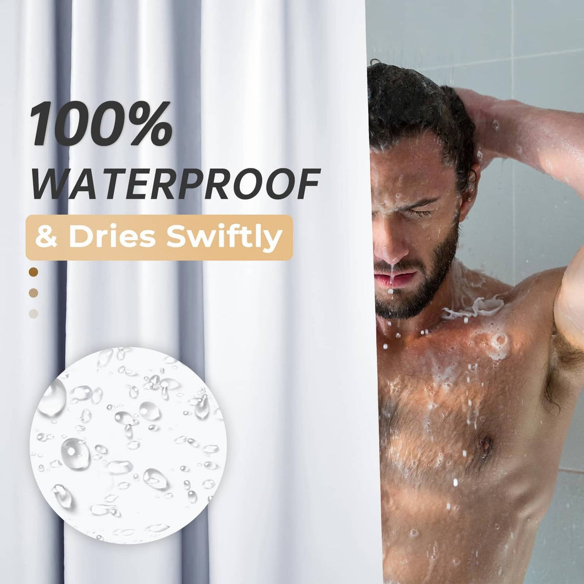 White waterproof shower curtain in front of a person showering