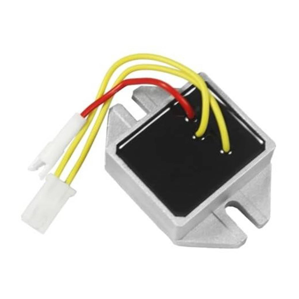 Engine voltage regulator module with black heat sink and yellow/red/white wire leads