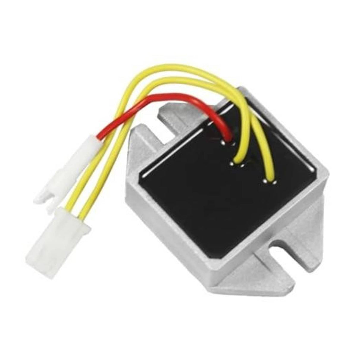 Engine voltage regulator module with black heat sink and yellow/red/white wire leads