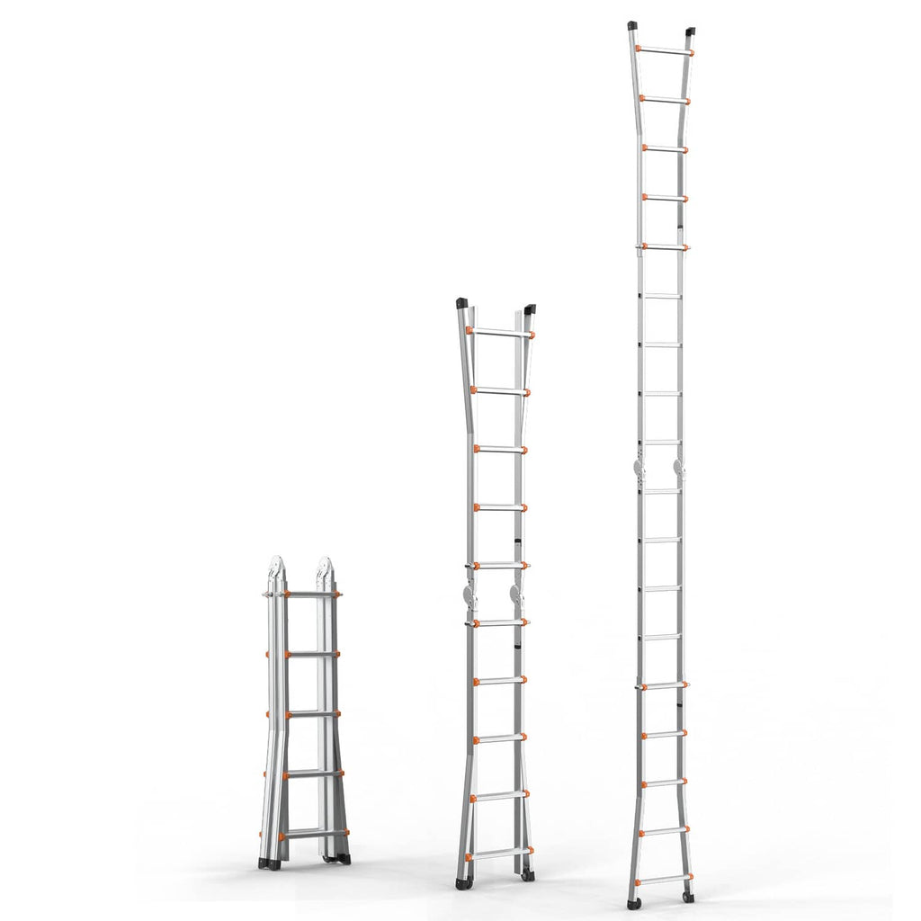 Gray telescoping A-frame ladder set showing compact, mid, and fully extended sizes