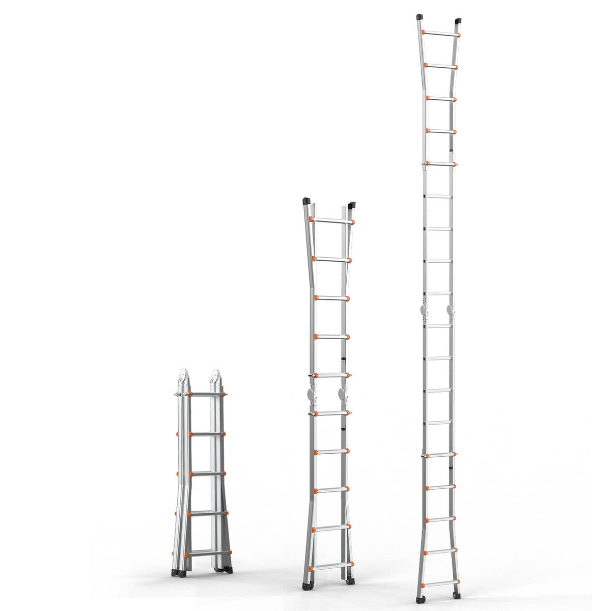 Gray telescoping A-frame ladder set showing compact, mid, and fully extended sizes