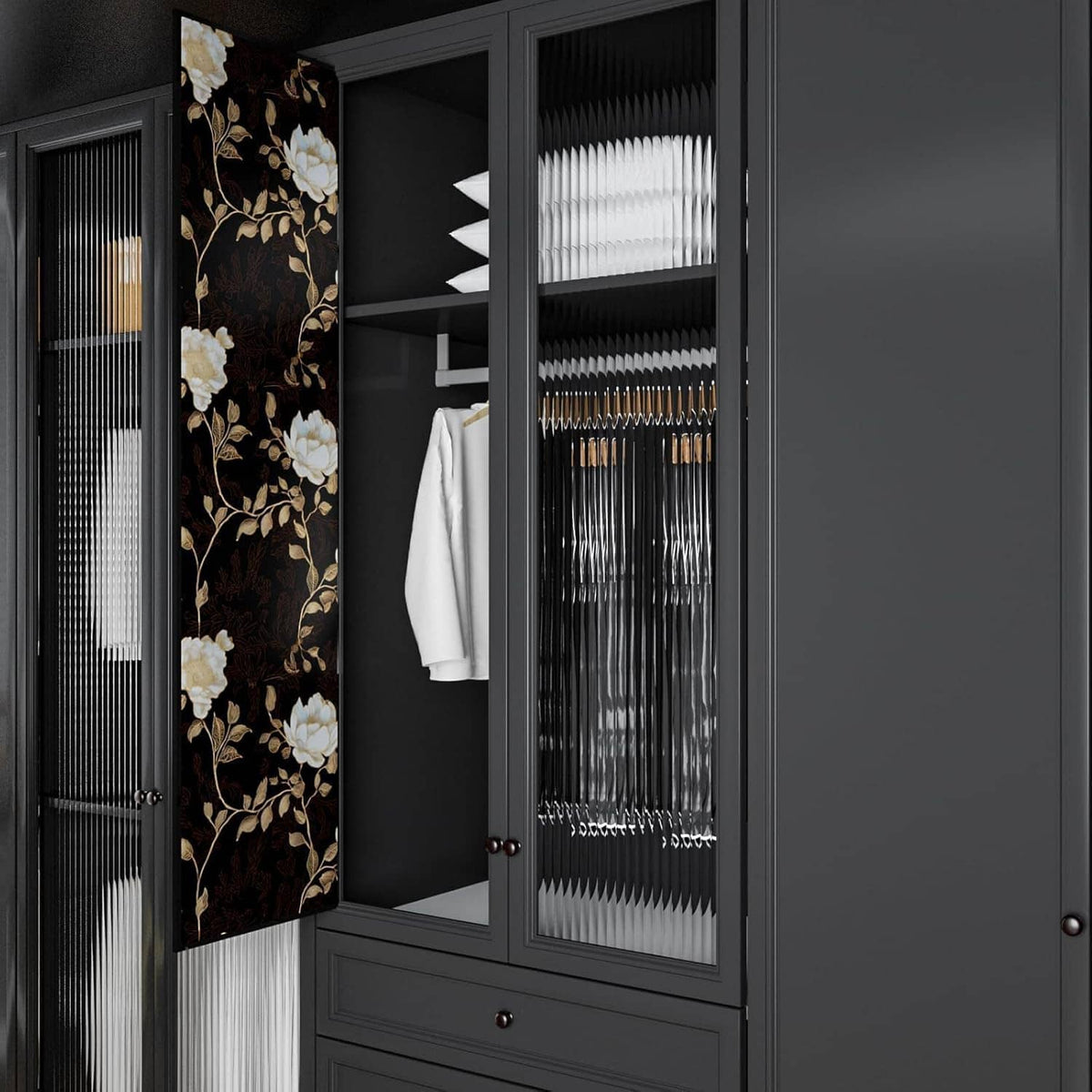 Black floral wallpaper panel with golden roses and leaves on open cabinet doors