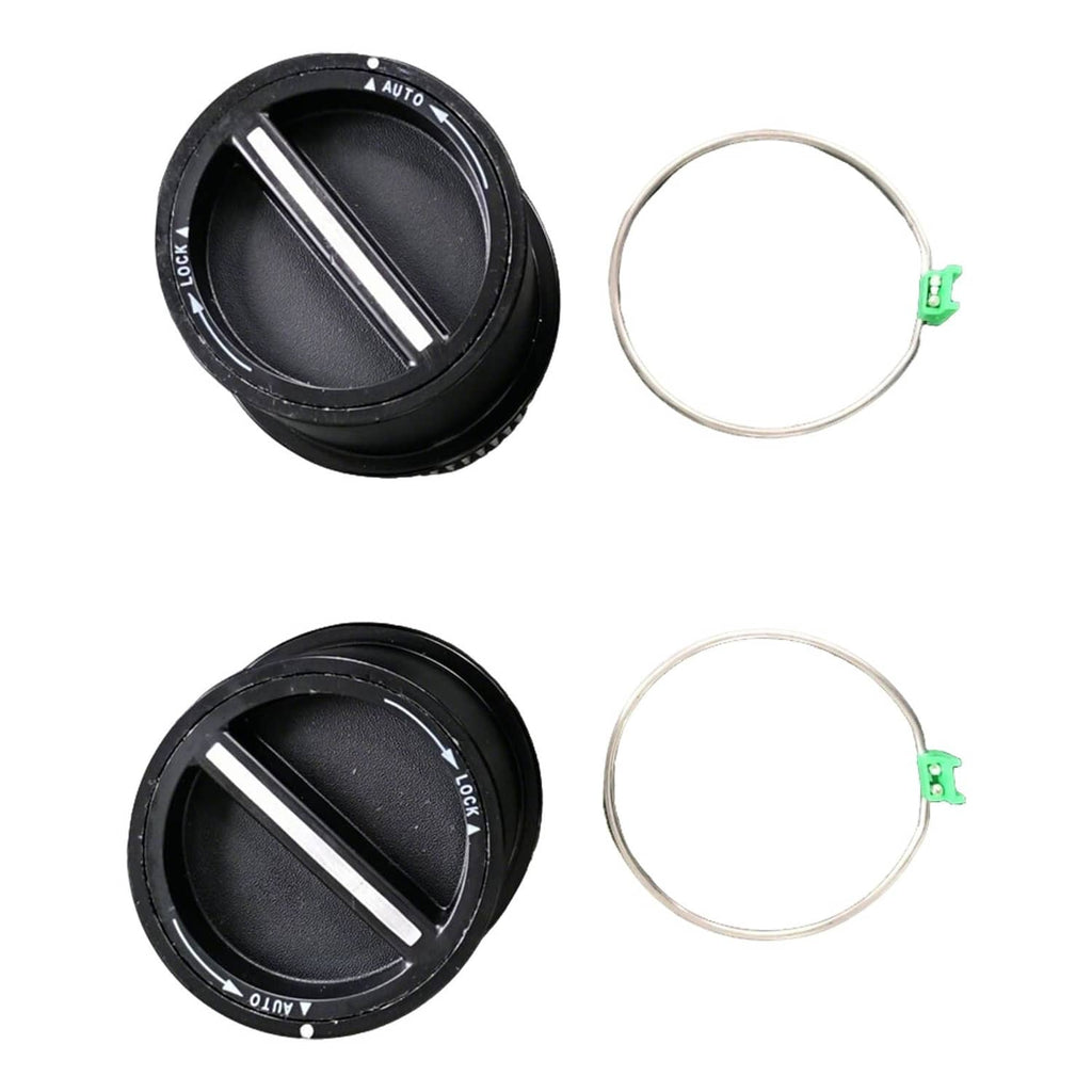 Two black auto-locking hubs with silver ribs and two circular retaining rings