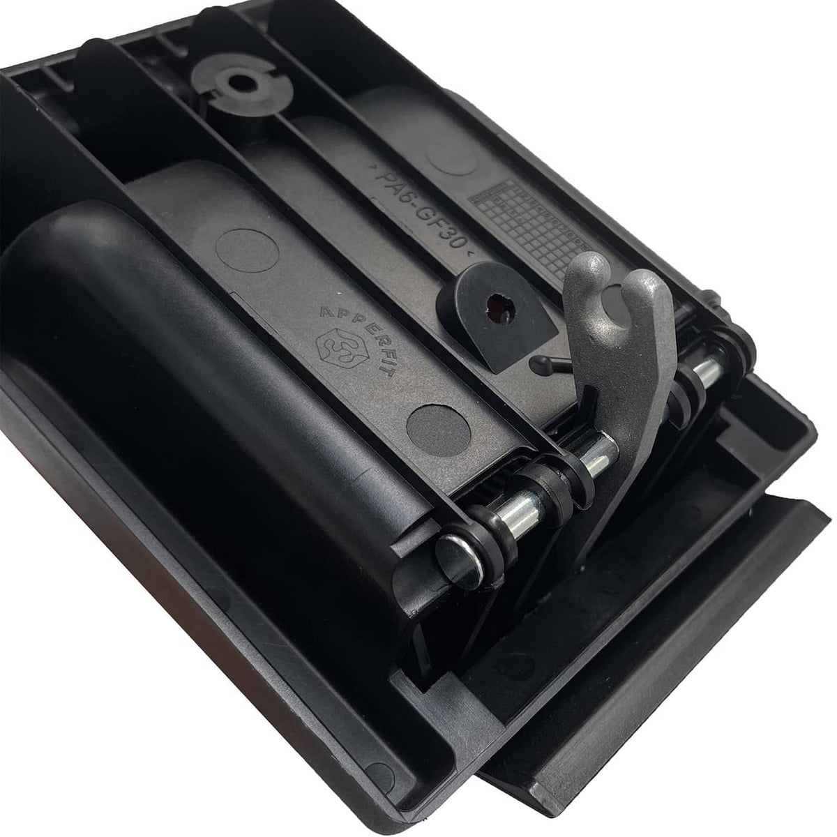 Sliding door interior handle metal clip, black housing with silver hardware