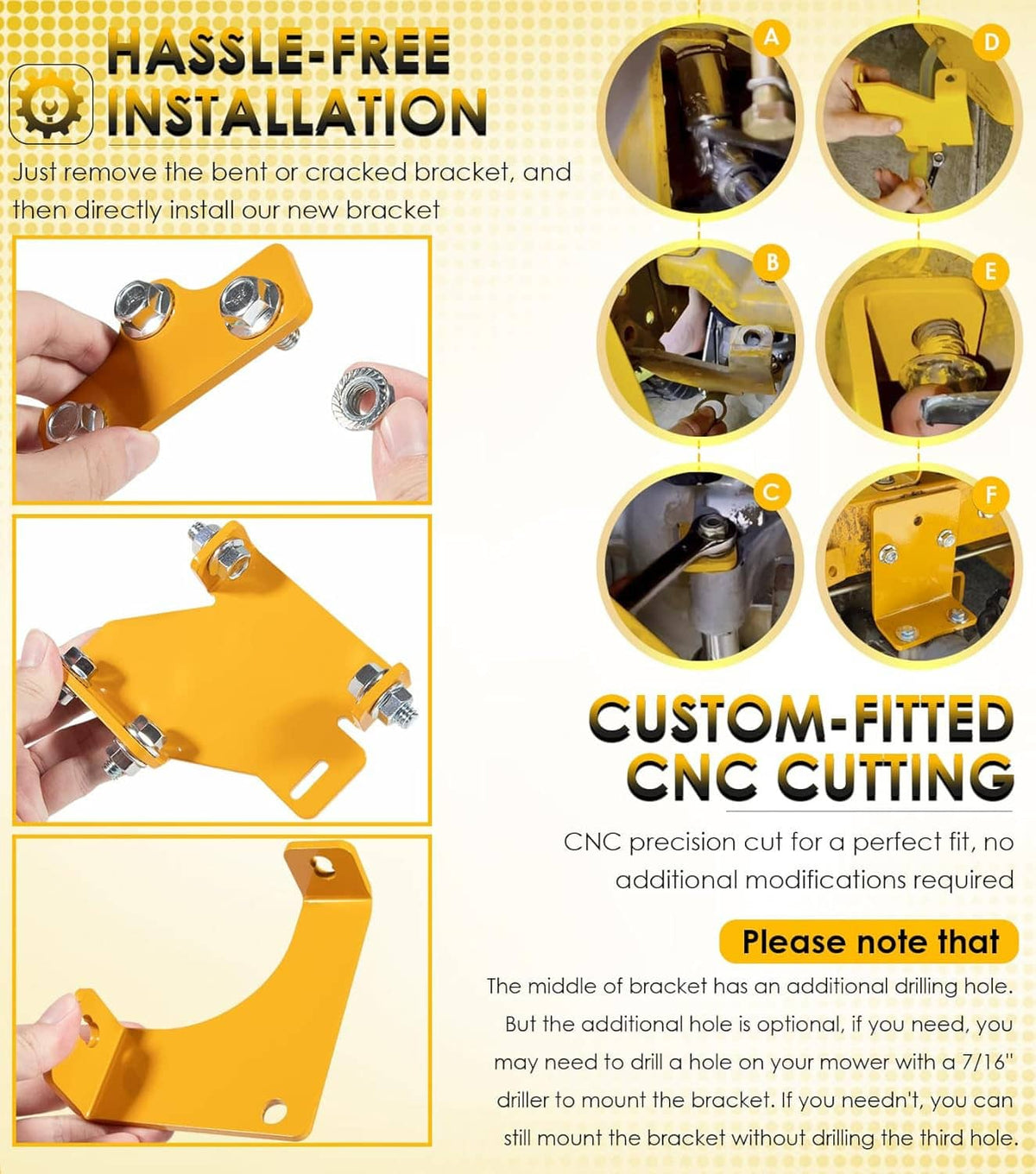 Yellow hydro transmission bracket kit with shown installation steps and CNC-cut parts