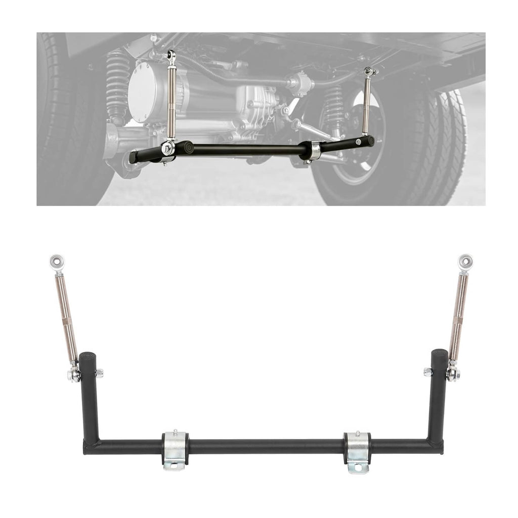 Steel sway bar anti-roll kit installed on a golf cart chassis with end links