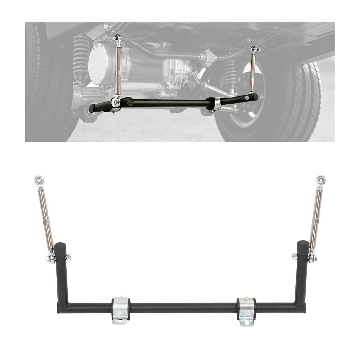 Steel sway bar anti-roll kit installed on a golf cart chassis with end links