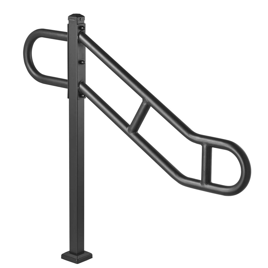 Black single-post handrail with curved grips and three-bar support rail