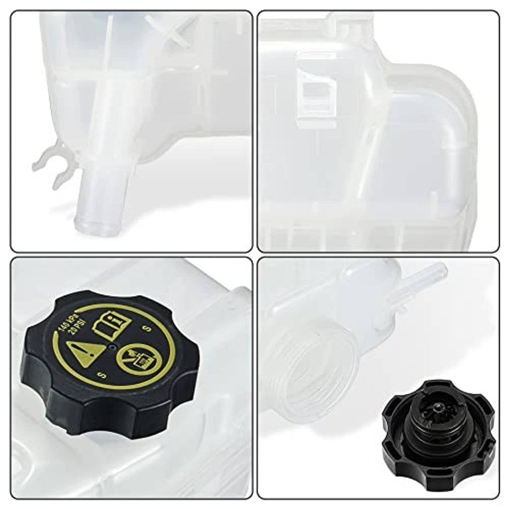 Coolant reservoir tank detail views: ports, cap, and mounting points