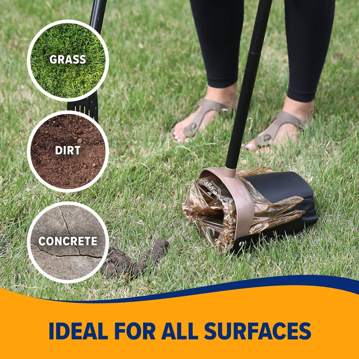 Dog poop scooper with swivel bin and pickup bag on grass surface