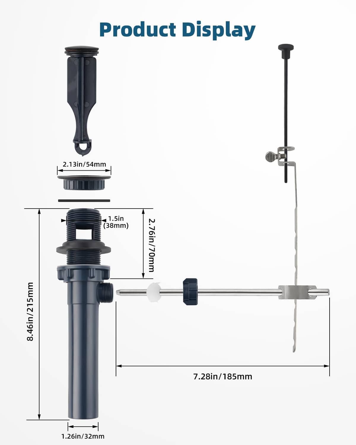 Bathroom sink drain stopper set with lift rod, dark parts shown with size diagram
