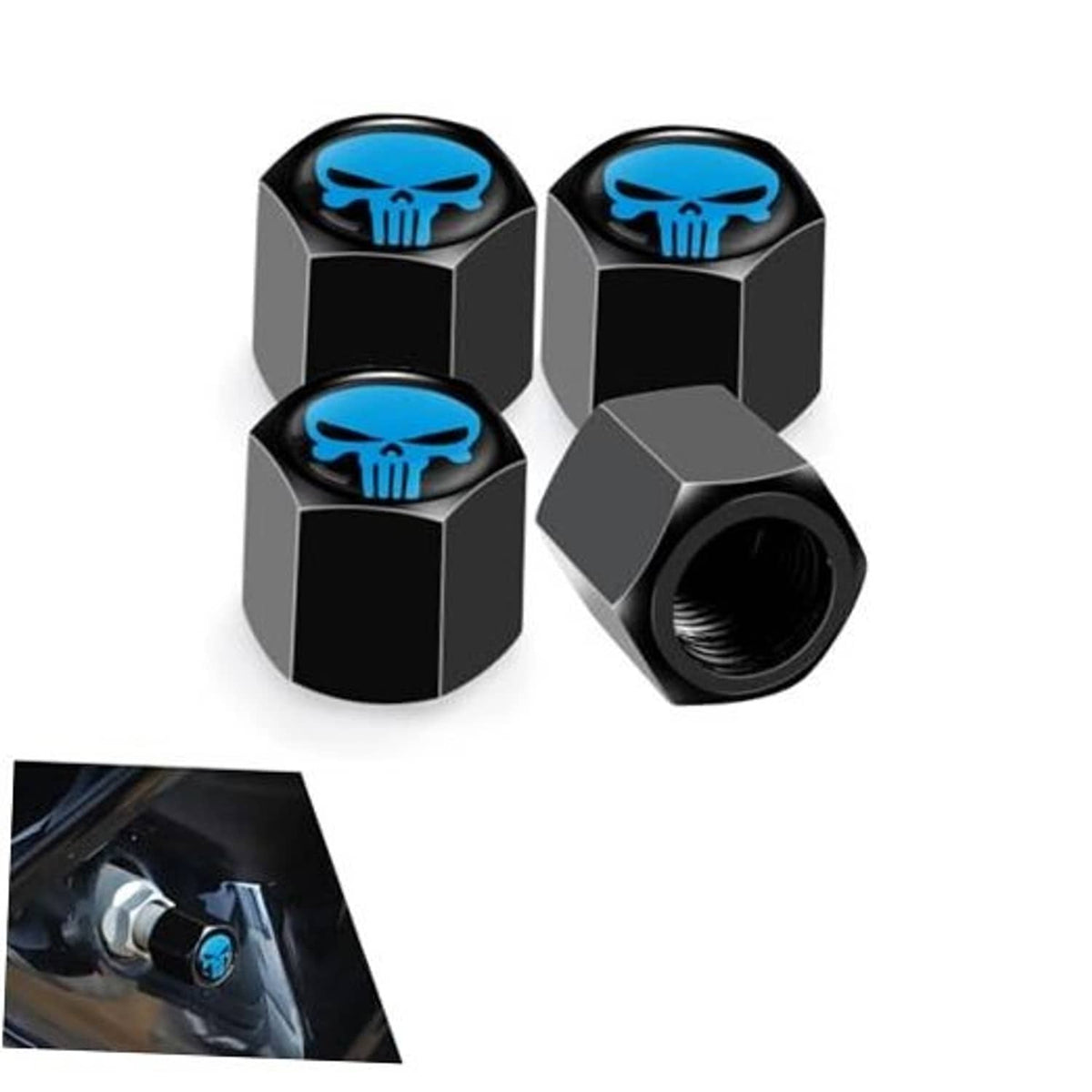 4-piece alloy valve stem caps with blue skull emblems, dark hex tops