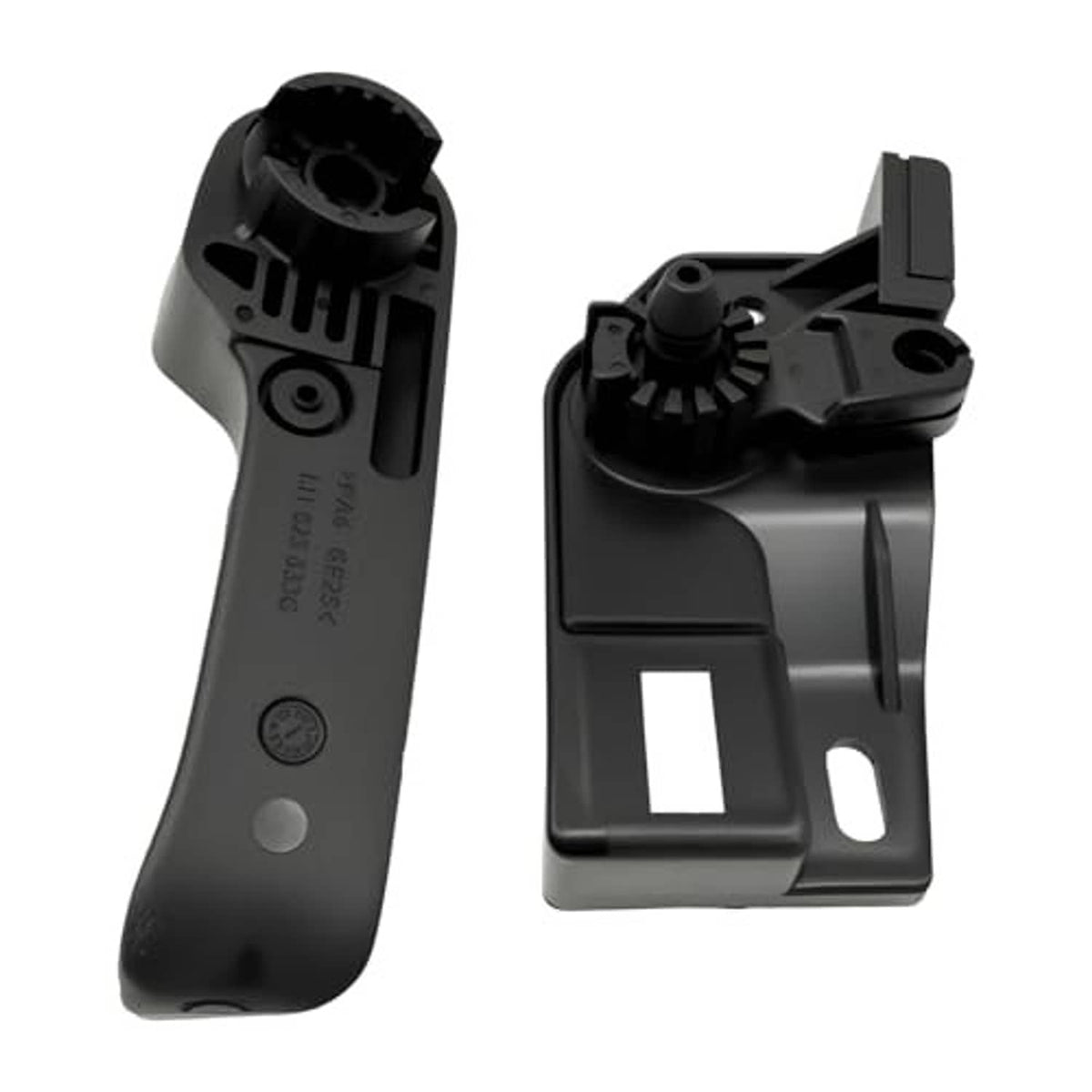 Black hood latch release handle with bracket, front-facing angle.