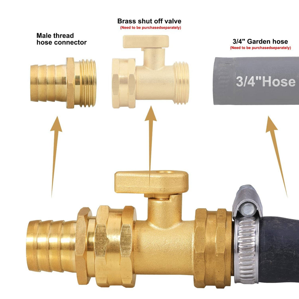 Brass garden hose connector with shutoff valve, male thread, and 3/4" barb end